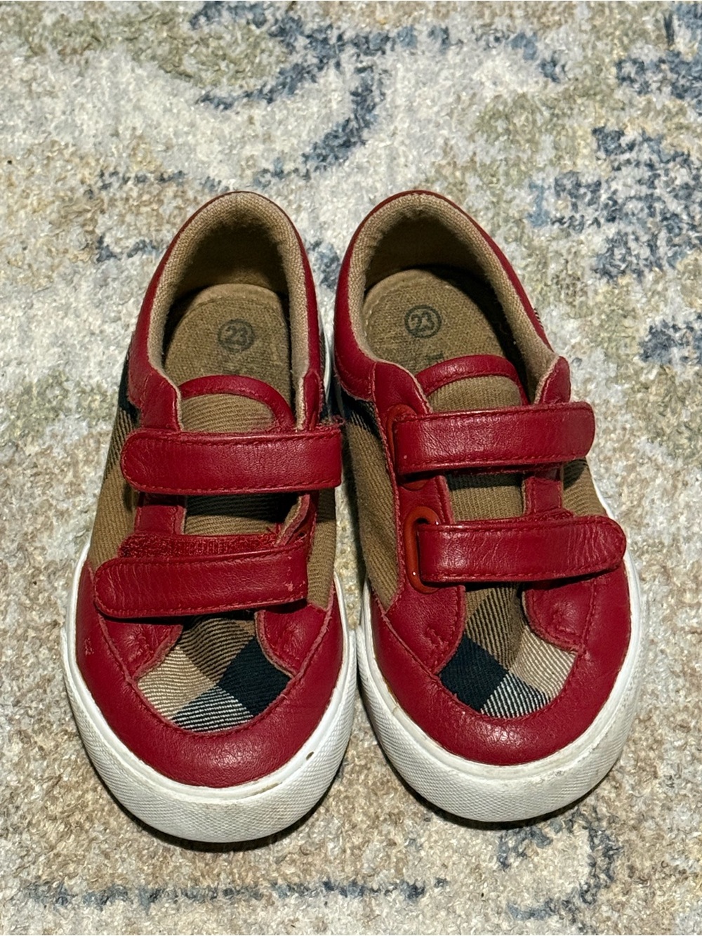 Burberry Red Leather & Tan Canvas Plaid Kids Sneaker with Velcro Straps